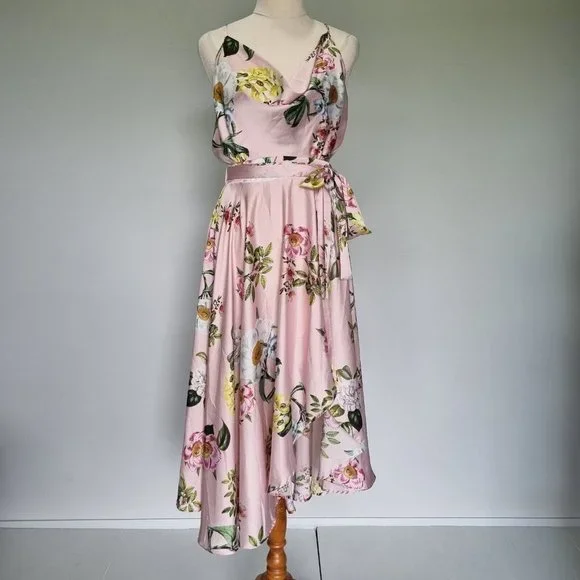 Sheike High Tea Multicolour Floral Cowl Neck Midi Dress with Belt Size 10 - Picture 2 of 9